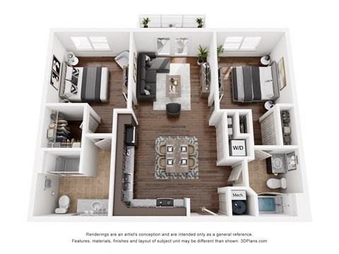 A 3D floor plan of a house with a kitchen, living room, and bedrooms.